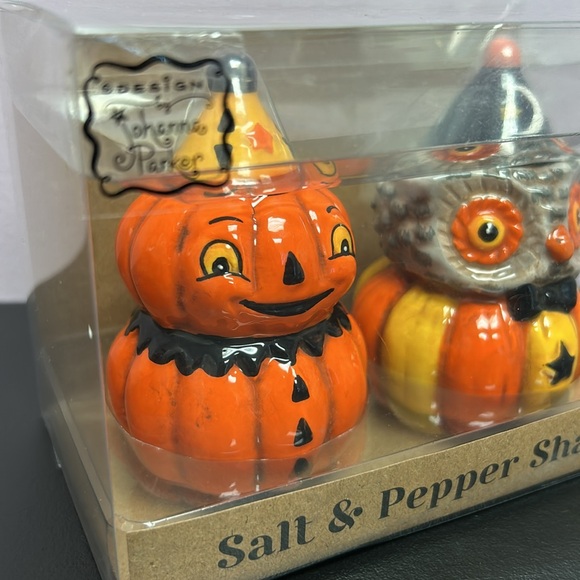 NWT JOHANNA PARKER Halloween owl & pumpkin salt & pepper shakers - Picture 3 of 6